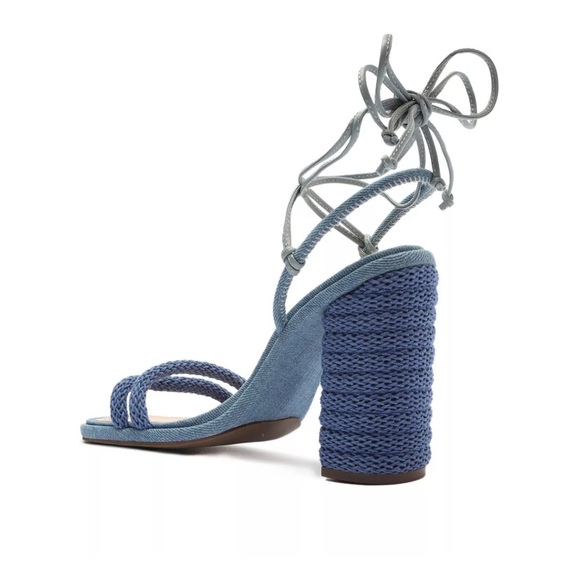 Schutz Leenah Denim Wraparound Lace Up Open Toe Block High Heel Sandals size 5 - Picture 2 of 8